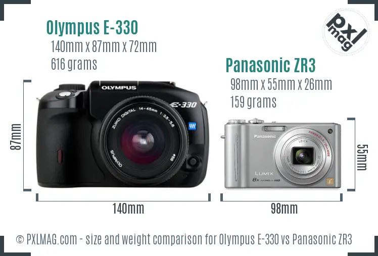 Olympus E-330 vs Panasonic ZR3 size comparison
