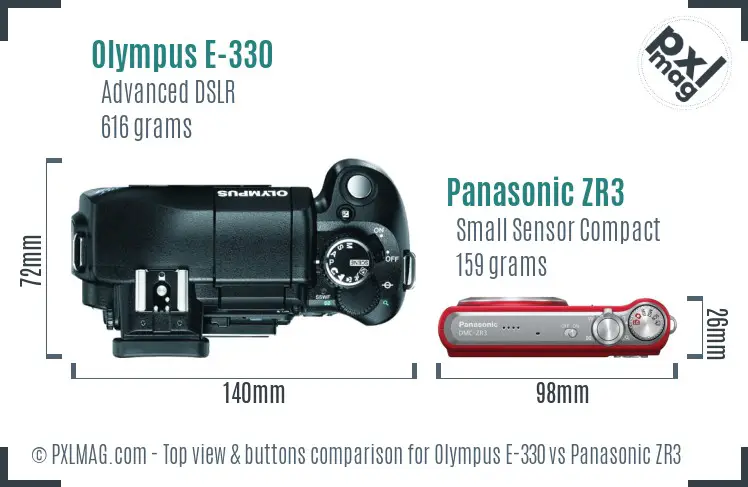 Olympus E-330 vs Panasonic ZR3 top view buttons comparison