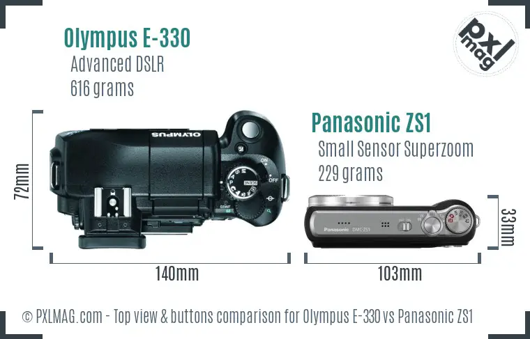 Olympus E-330 vs Panasonic ZS1 top view buttons comparison