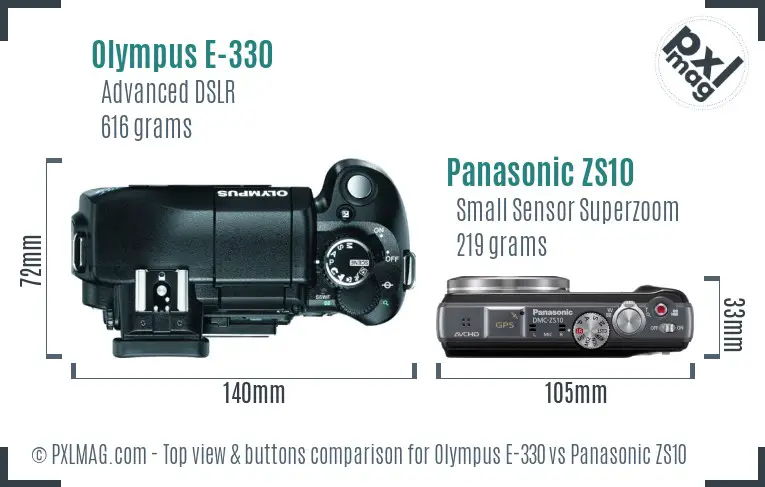 Olympus E-330 vs Panasonic ZS10 top view buttons comparison