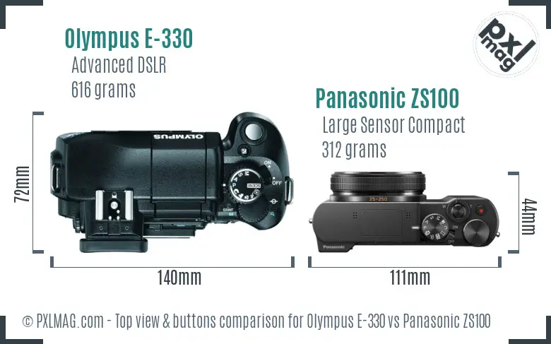 Olympus E-330 vs Panasonic ZS100 top view buttons comparison