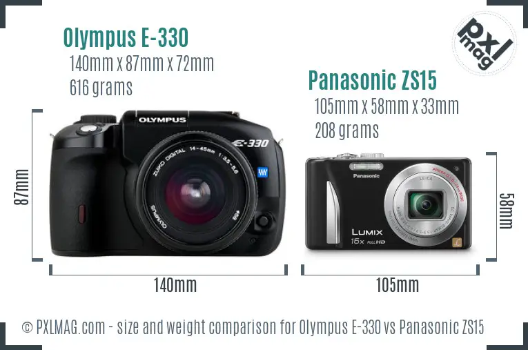 Olympus E-330 vs Panasonic ZS15 size comparison