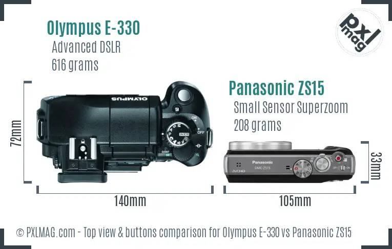 Olympus E-330 vs Panasonic ZS15 top view buttons comparison