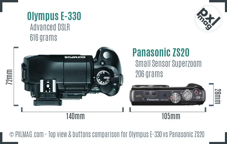 Olympus E-330 vs Panasonic ZS20 top view buttons comparison