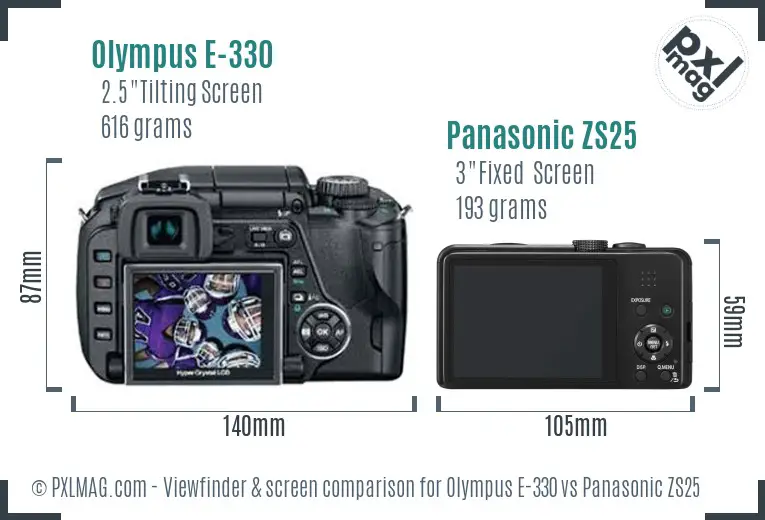 Olympus E-330 vs Panasonic ZS25 Screen and Viewfinder comparison