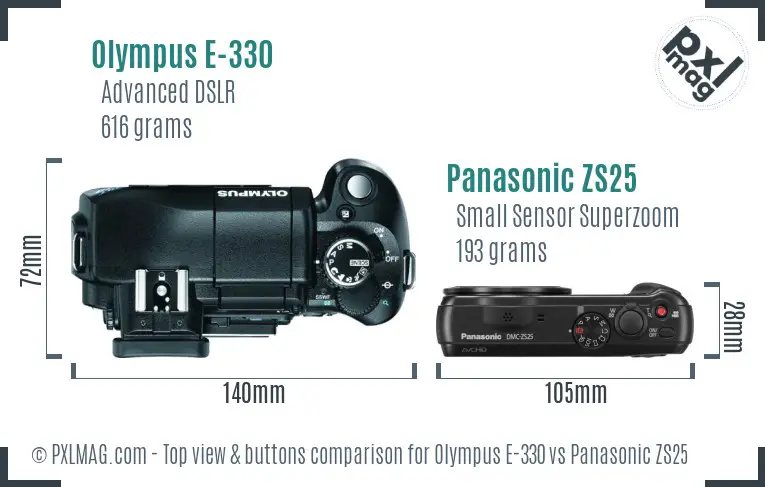 Olympus E-330 vs Panasonic ZS25 top view buttons comparison