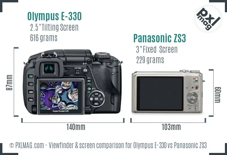 Olympus E-330 vs Panasonic ZS3 Screen and Viewfinder comparison