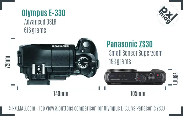 Olympus E-330 vs Panasonic ZS30 top view buttons comparison