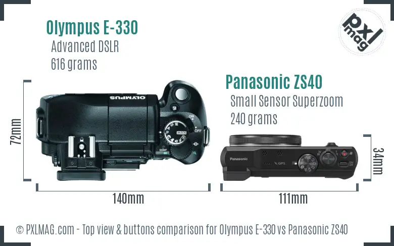 Olympus E-330 vs Panasonic ZS40 top view buttons comparison