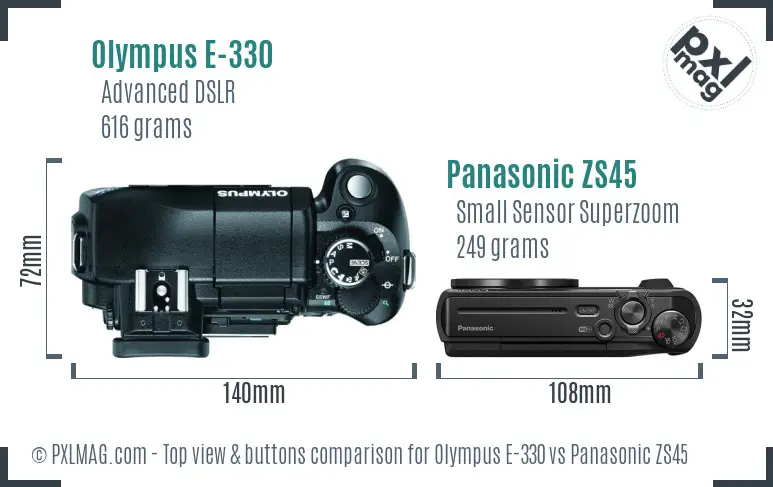 Olympus E-330 vs Panasonic ZS45 top view buttons comparison