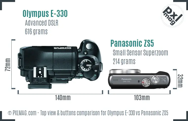 Olympus E-330 vs Panasonic ZS5 top view buttons comparison