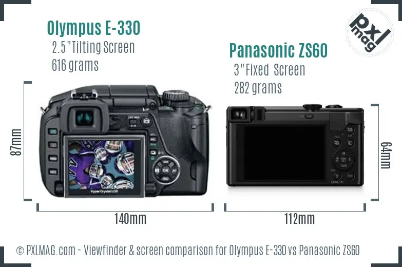 Olympus E-330 vs Panasonic ZS60 Screen and Viewfinder comparison