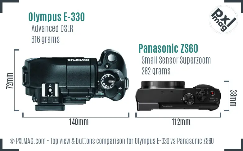 Olympus E-330 vs Panasonic ZS60 top view buttons comparison