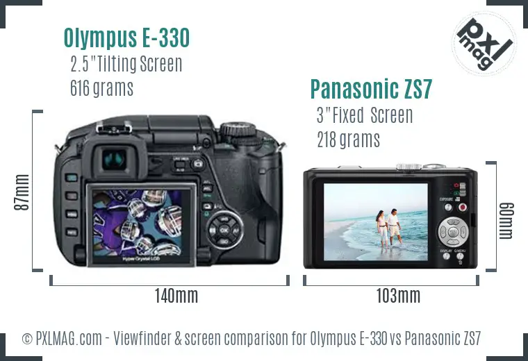 Olympus E-330 vs Panasonic ZS7 Screen and Viewfinder comparison