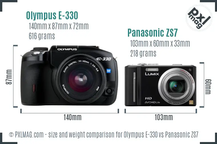 Olympus E-330 vs Panasonic ZS7 size comparison