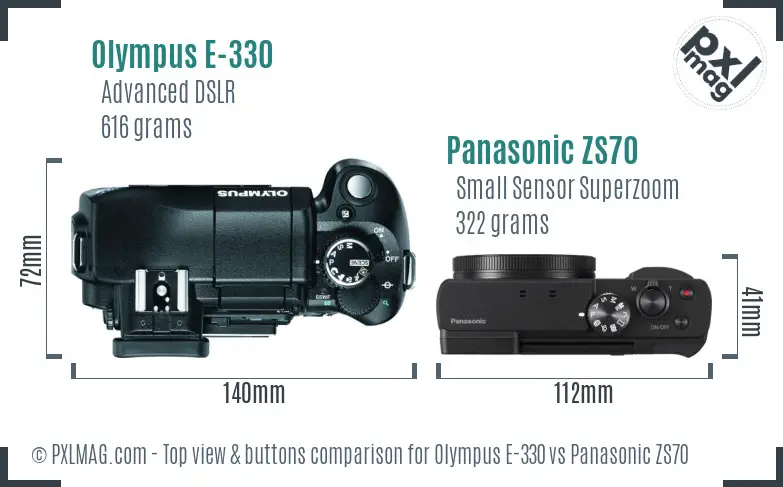 Olympus E-330 vs Panasonic ZS70 top view buttons comparison