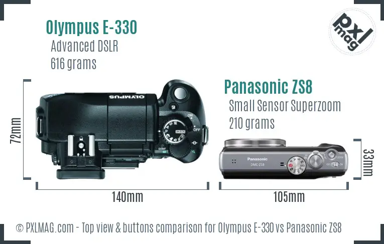 Olympus E-330 vs Panasonic ZS8 top view buttons comparison