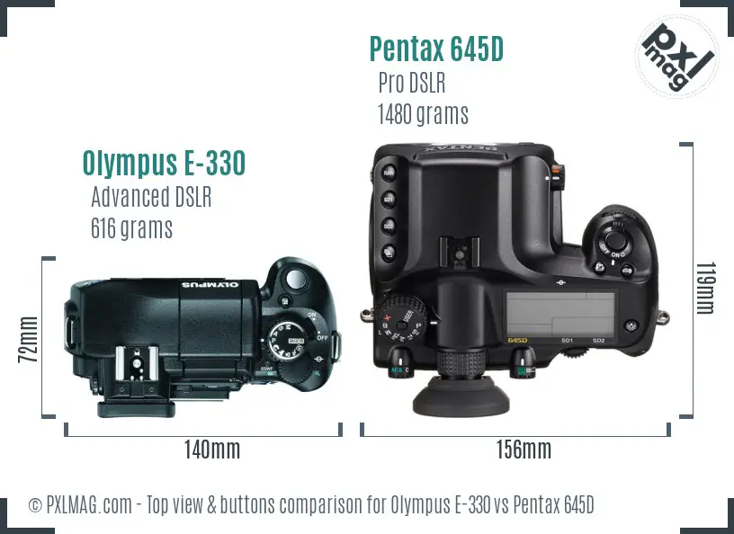 Olympus E-330 vs Pentax 645D top view buttons comparison