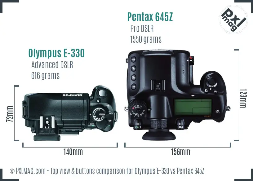 Olympus E-330 vs Pentax 645Z top view buttons comparison