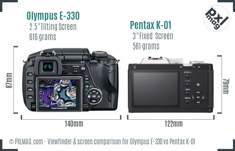 Olympus E-330 vs Pentax K-01 Screen and Viewfinder comparison