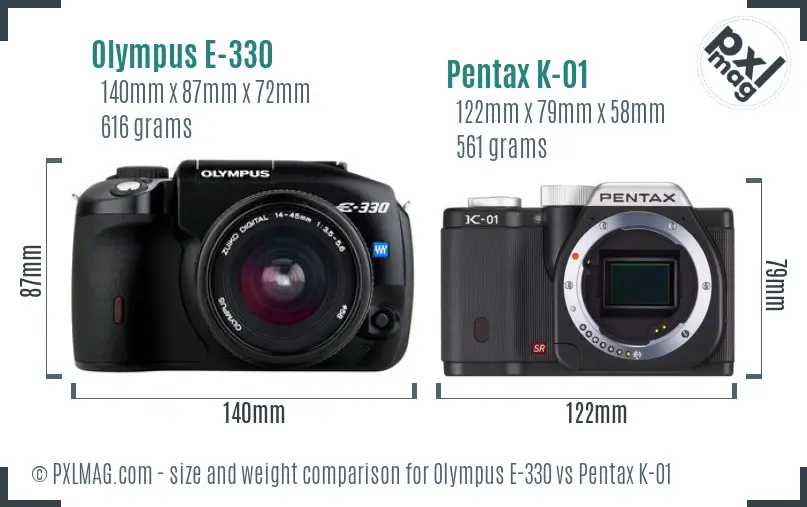 Olympus E-330 vs Pentax K-01 size comparison