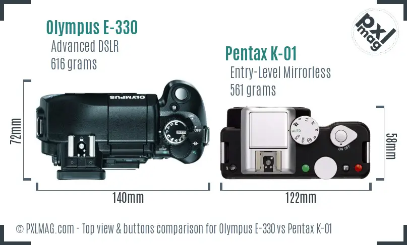 Olympus E-330 vs Pentax K-01 top view buttons comparison