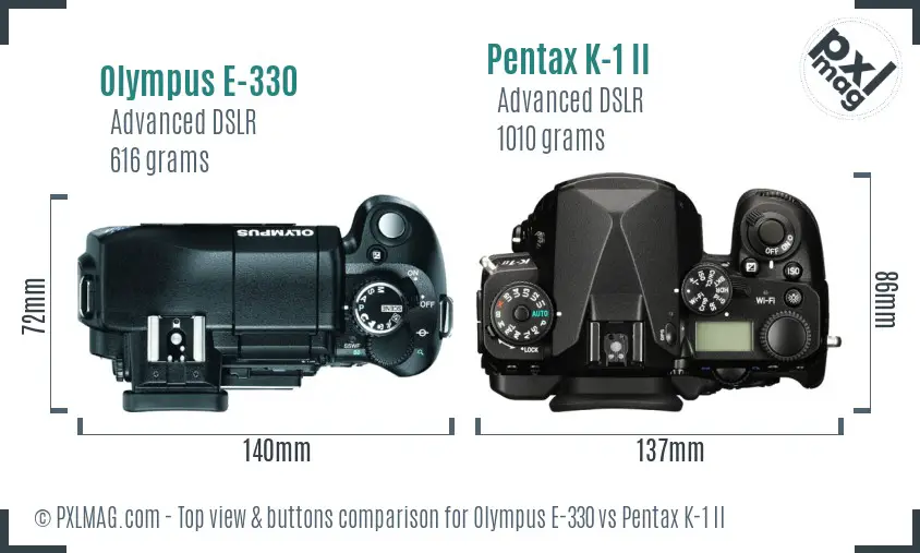 Olympus E-330 vs Pentax K-1 II top view buttons comparison