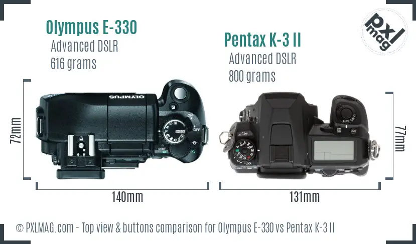 Olympus E-330 vs Pentax K-3 II top view buttons comparison