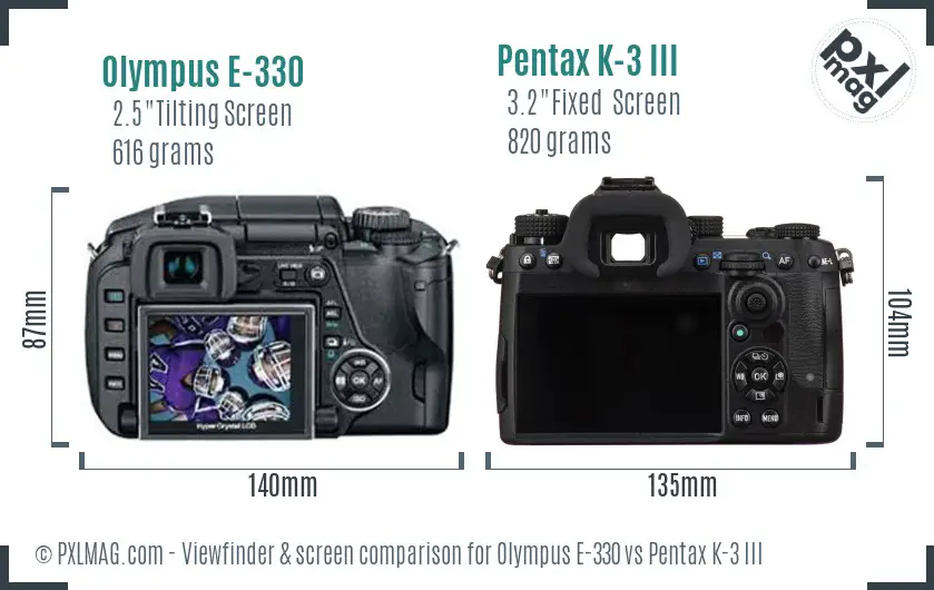 Olympus E-330 vs Pentax K-3 III Screen and Viewfinder comparison