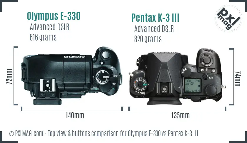 Olympus E-330 vs Pentax K-3 III top view buttons comparison