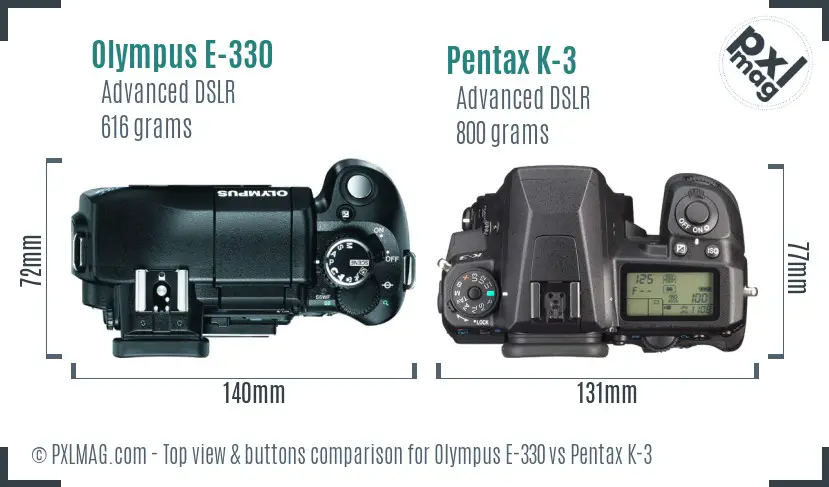 Olympus E-330 vs Pentax K-3 top view buttons comparison