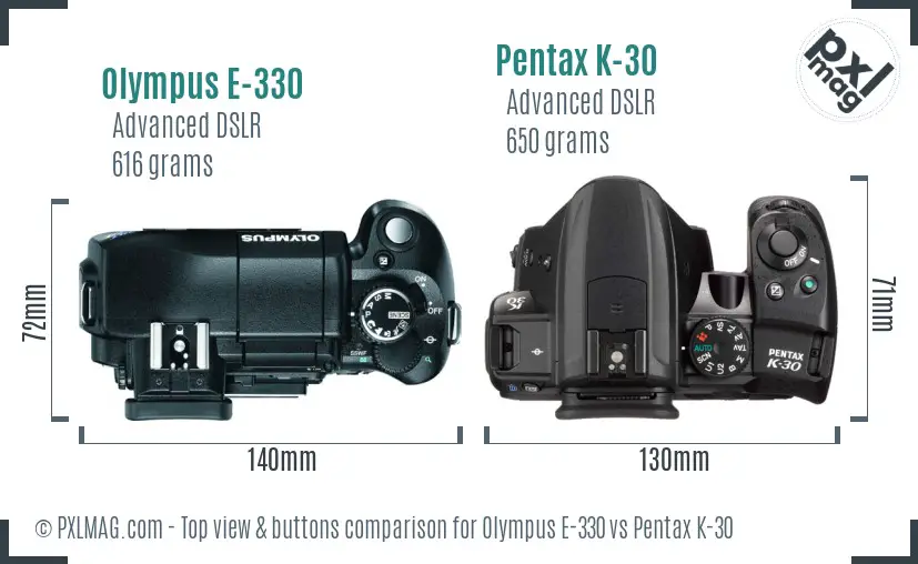 Olympus E-330 vs Pentax K-30 top view buttons comparison