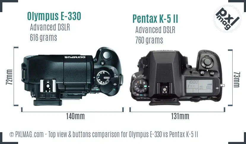 Olympus E-330 vs Pentax K-5 II top view buttons comparison