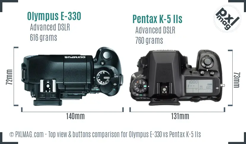 Olympus E-330 vs Pentax K-5 IIs top view buttons comparison