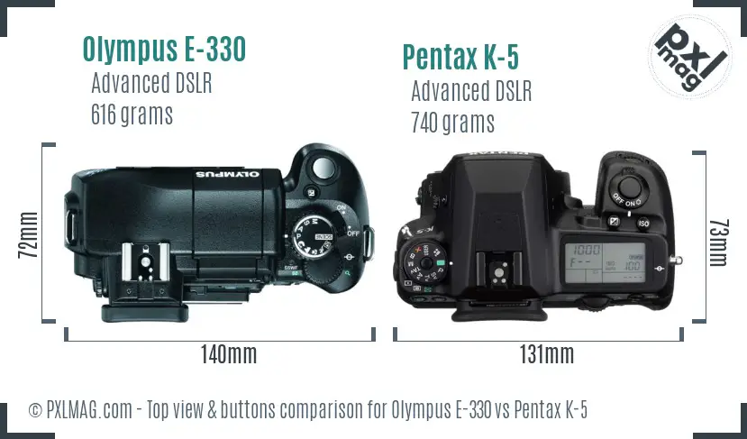 Olympus E-330 vs Pentax K-5 top view buttons comparison