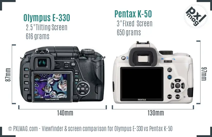 Olympus E-330 vs Pentax K-50 Screen and Viewfinder comparison