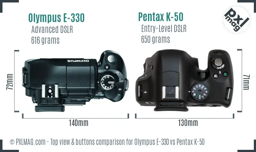 Olympus E-330 vs Pentax K-50 top view buttons comparison