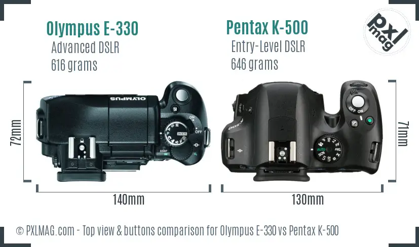 Olympus E-330 vs Pentax K-500 top view buttons comparison