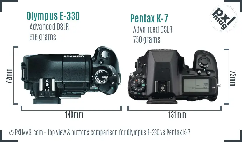 Olympus E-330 vs Pentax K-7 top view buttons comparison