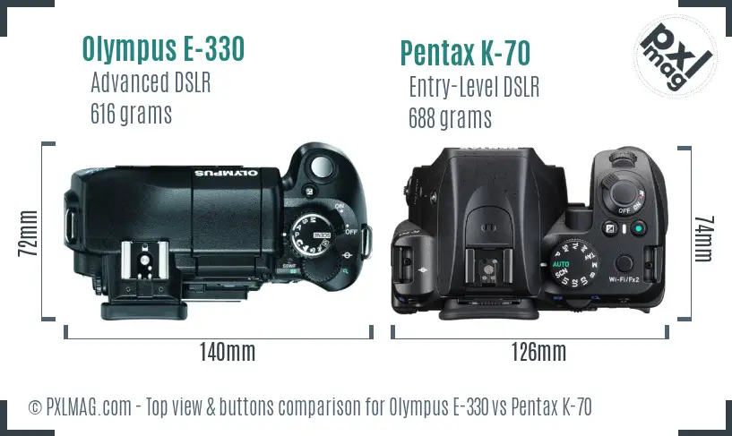 Olympus E-330 vs Pentax K-70 top view buttons comparison