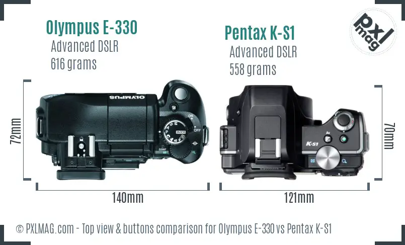 Olympus E-330 vs Pentax K-S1 top view buttons comparison