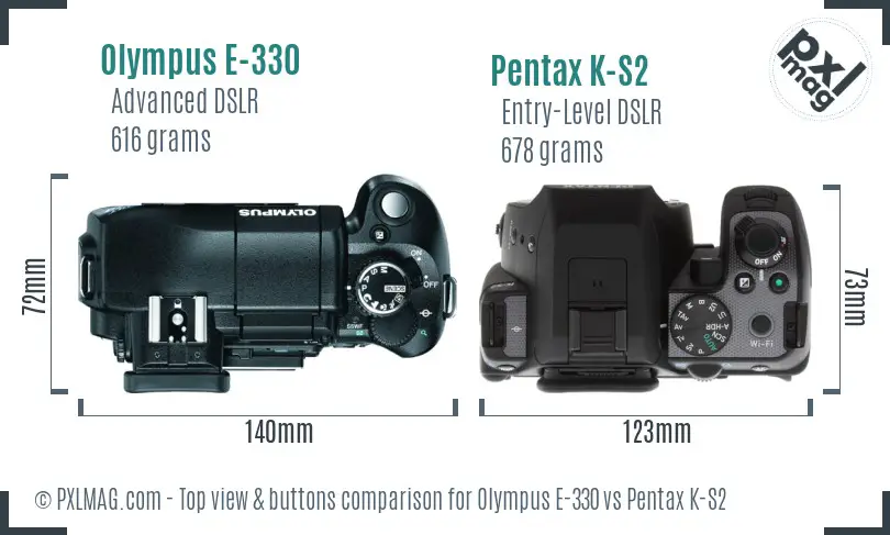 Olympus E-330 vs Pentax K-S2 top view buttons comparison