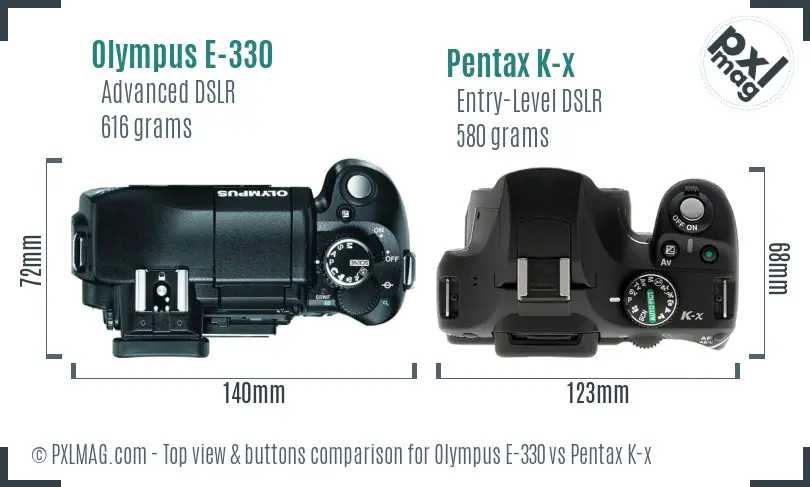 Olympus E-330 vs Pentax K-x top view buttons comparison