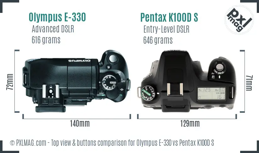 Olympus E-330 vs Pentax K100D S top view buttons comparison