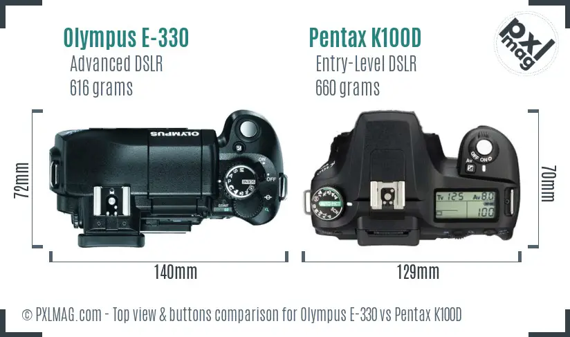 Olympus E-330 vs Pentax K100D top view buttons comparison