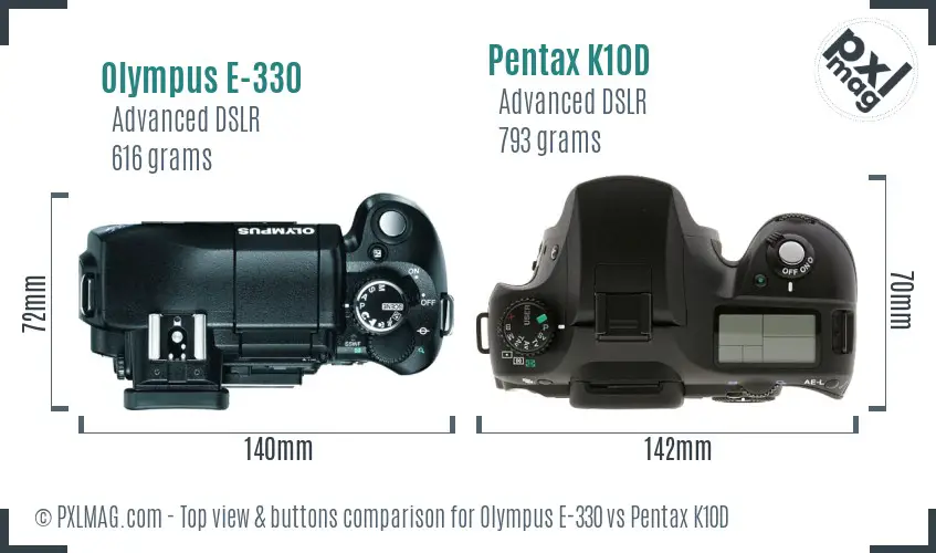 Olympus E-330 vs Pentax K10D top view buttons comparison
