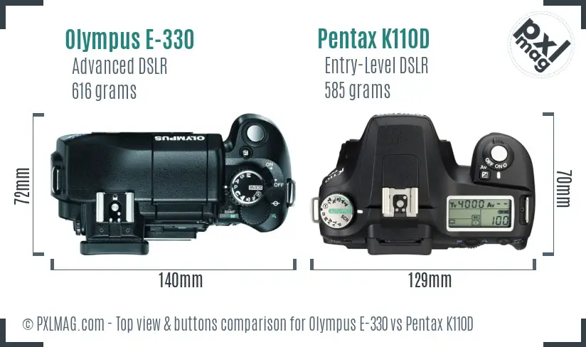 Olympus E-330 vs Pentax K110D top view buttons comparison