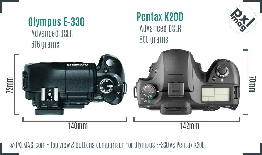 Olympus E-330 vs Pentax K20D top view buttons comparison