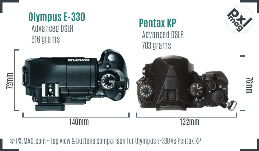 Olympus E-330 vs Pentax KP top view buttons comparison