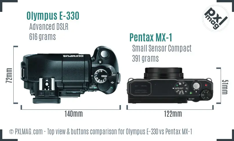 Olympus E-330 vs Pentax MX-1 top view buttons comparison